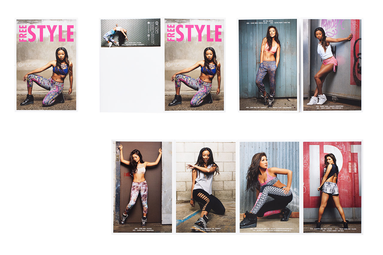 an image of a four panel direct mail piece showing women wearing workout clothing