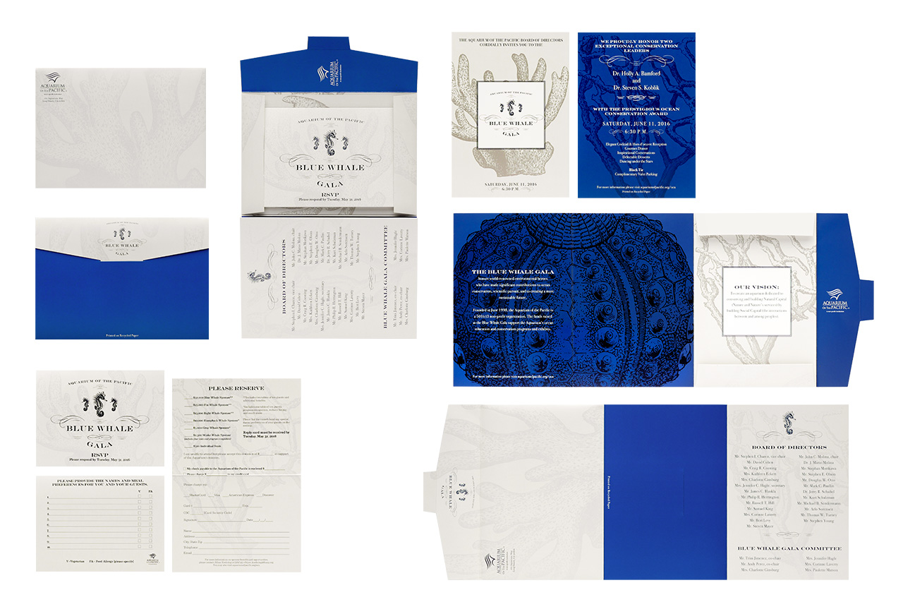image of a diecut carrier sleeve that holds an invite and reply card all in blue and grey