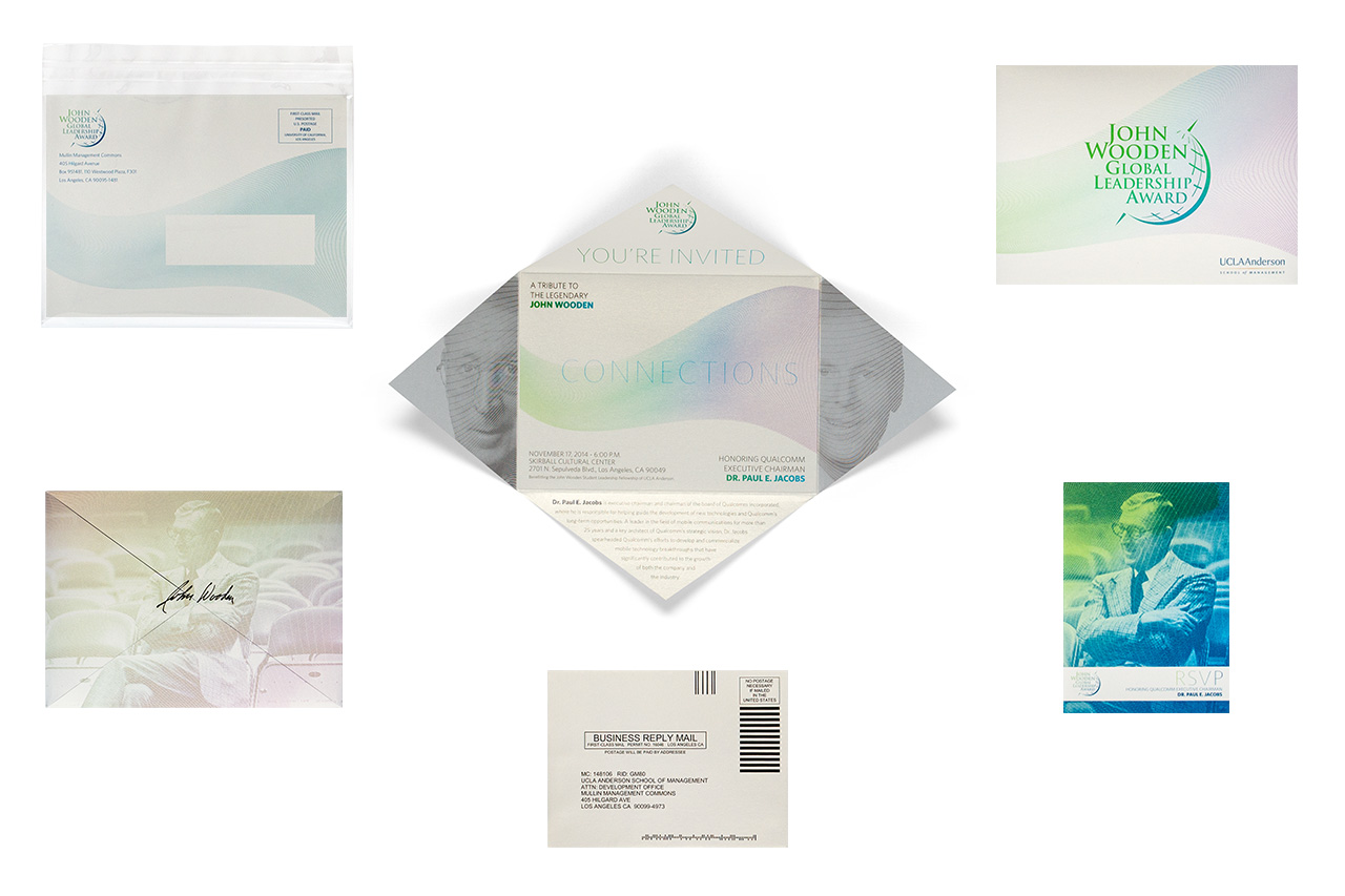 image of a envelope, insert, reply card and a diecut invite that opens to a diamond shape on pearlescent paper